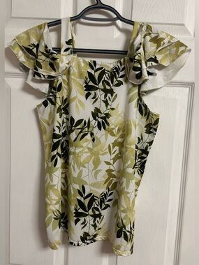 Floral Ruffle Sleeve Women’s Top in Olive Green and White